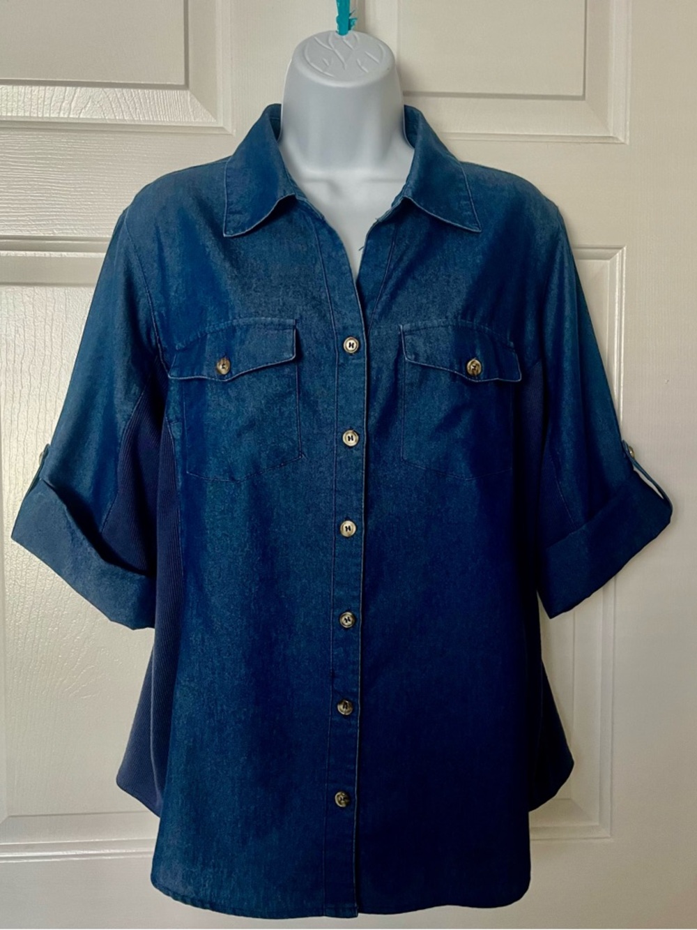 Dark Blue Button-Front Denim-Style Women's Shirt
